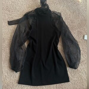 Zara Little Black Dress Long Sleeve Puff Sleeve Organza and Bow Detail